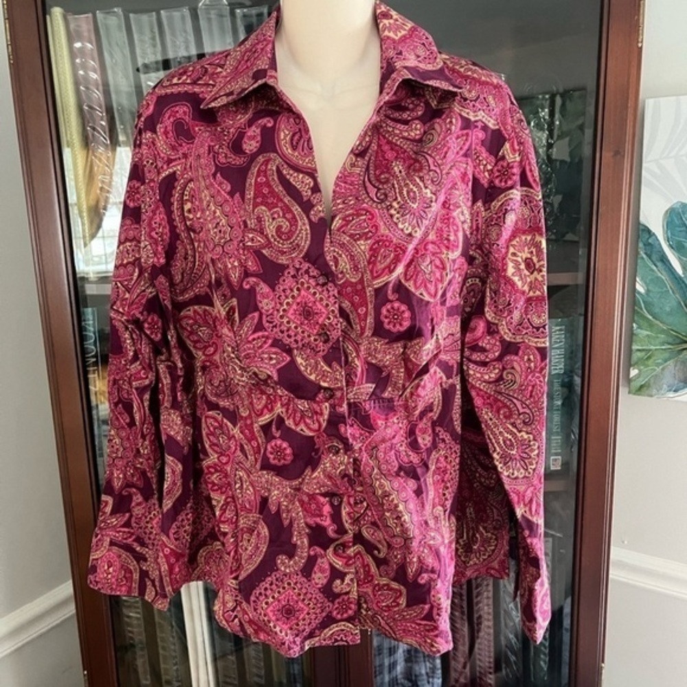 Jones New York Signature Woman Button Down Blouse 2X Pink Paisley Pattern Shirt - Picture 5 of 15